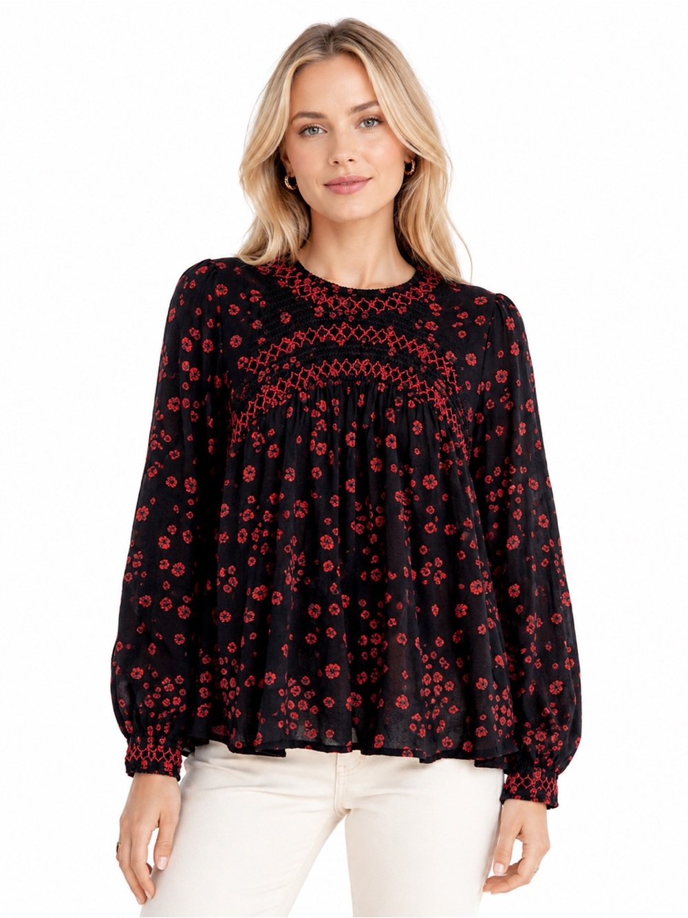 Free People Size Small Black Blouse with Red Floral Smocking